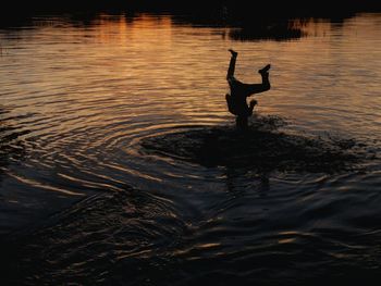 Silhouette boy enjoying in lake during sunset