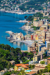 View of the old town of camogli taken from the hills over the village