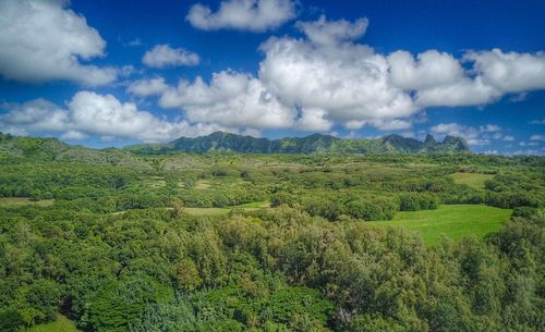 Scenic view of green landscape and mountains against sky