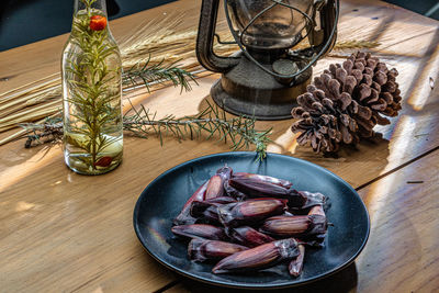 High angle view of araucaria seeds on table