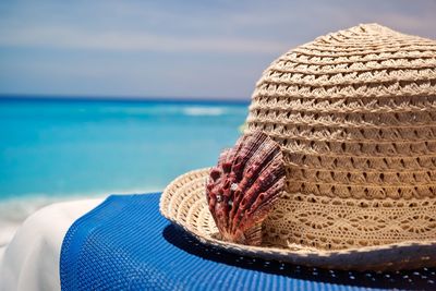 Close-up of hat on beach against sky