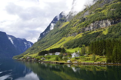 Scenic view of lake and mountains against sky