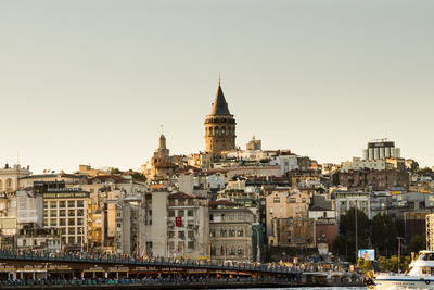 Buildings in city against clear sky