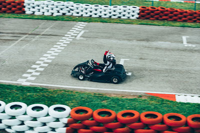 High angle view of toy car on road