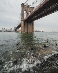 Brooklyn bridge over east river by city against cloudy sky