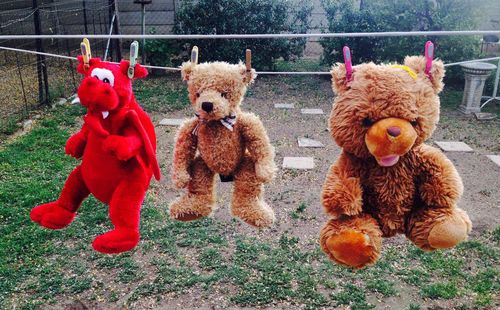 Stuffed toys hanging from clotheslines in yard