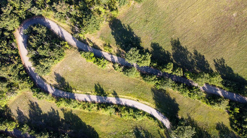 Aerial view from the drone of a mountain curving road with trees and shadows