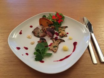 High angle view of breakfast served on table