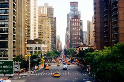 View of city street and modern buildings