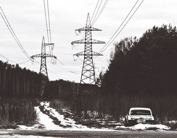 Electricity pylon with bare trees in background