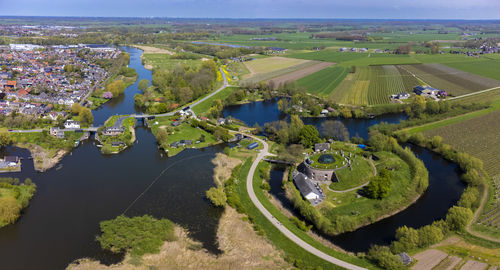 High angle view of buildings in city