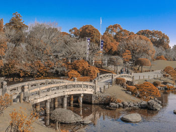 Arch bridge over river against sky