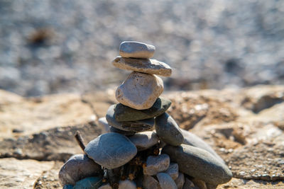 Close-up of stone stack on rock