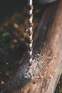 Close-up of rusty chain on wood