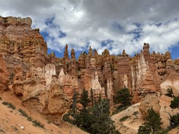 Low angle view of rock formations against sky