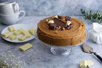 High angle view of chocolate cake on table