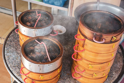 High angle view of food on barbecue grill