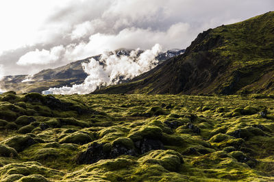 Scenic view of volcanic landscape against sky