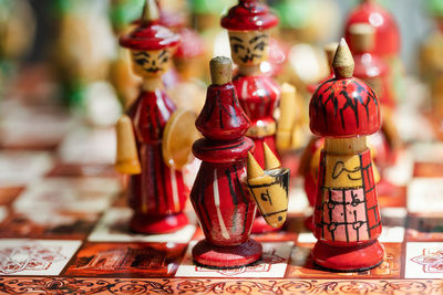 Close-up of chess pieces on board
