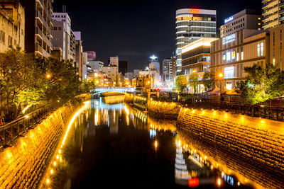 High angle view of illuminated buildings in city at night