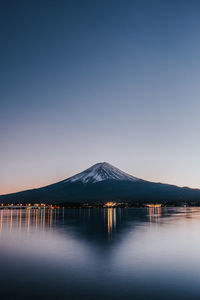 Scenic view of lake against clear sky during sunset