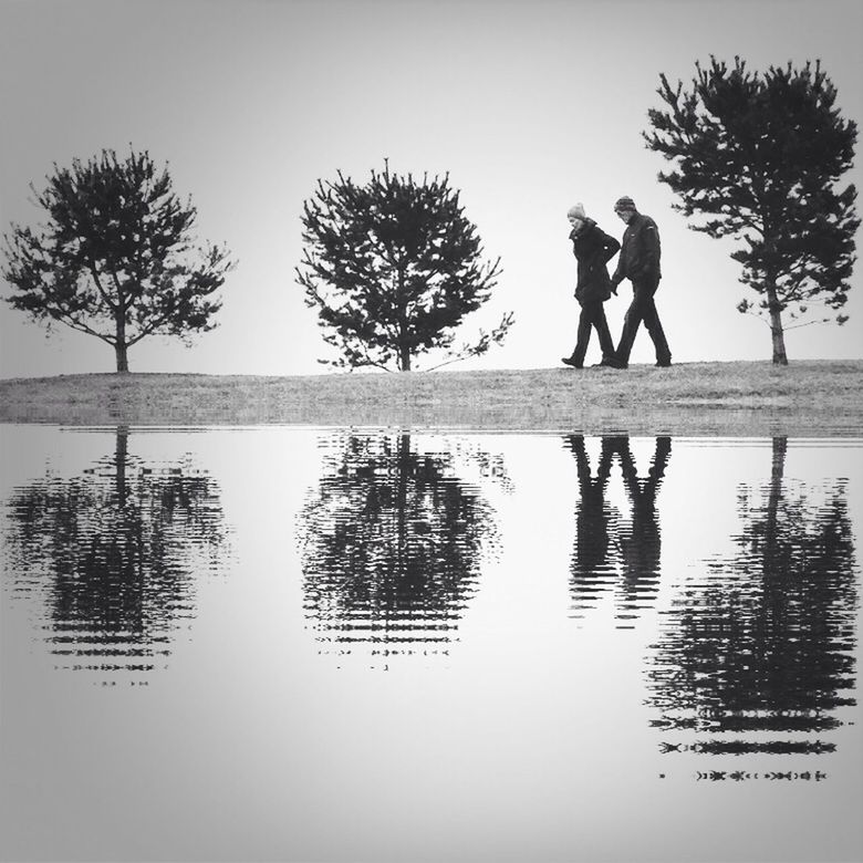 water, silhouette, clear sky, tree, tranquility, reflection, tranquil scene, men, nature, lake, beauty in nature, scenics, leisure activity, sea, lifestyles, copy space, sky, standing