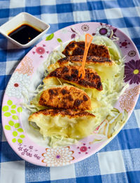 High angle view of food in plate on table