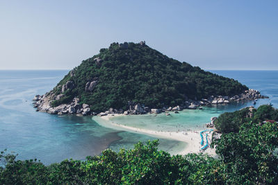 Scenic view of bay against clear sky