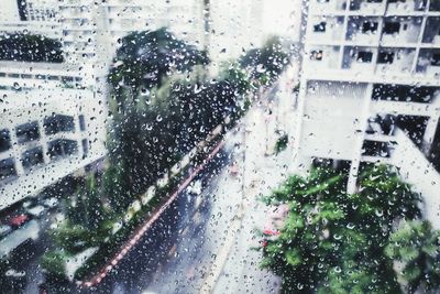 City seen through wet glass window