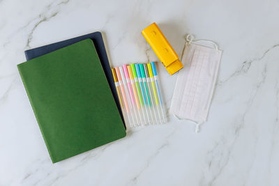 High angle view of open book on table