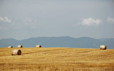 Hay bales on field against sky