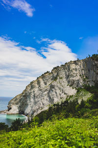 Scenic view of rocky mountains against blue sky