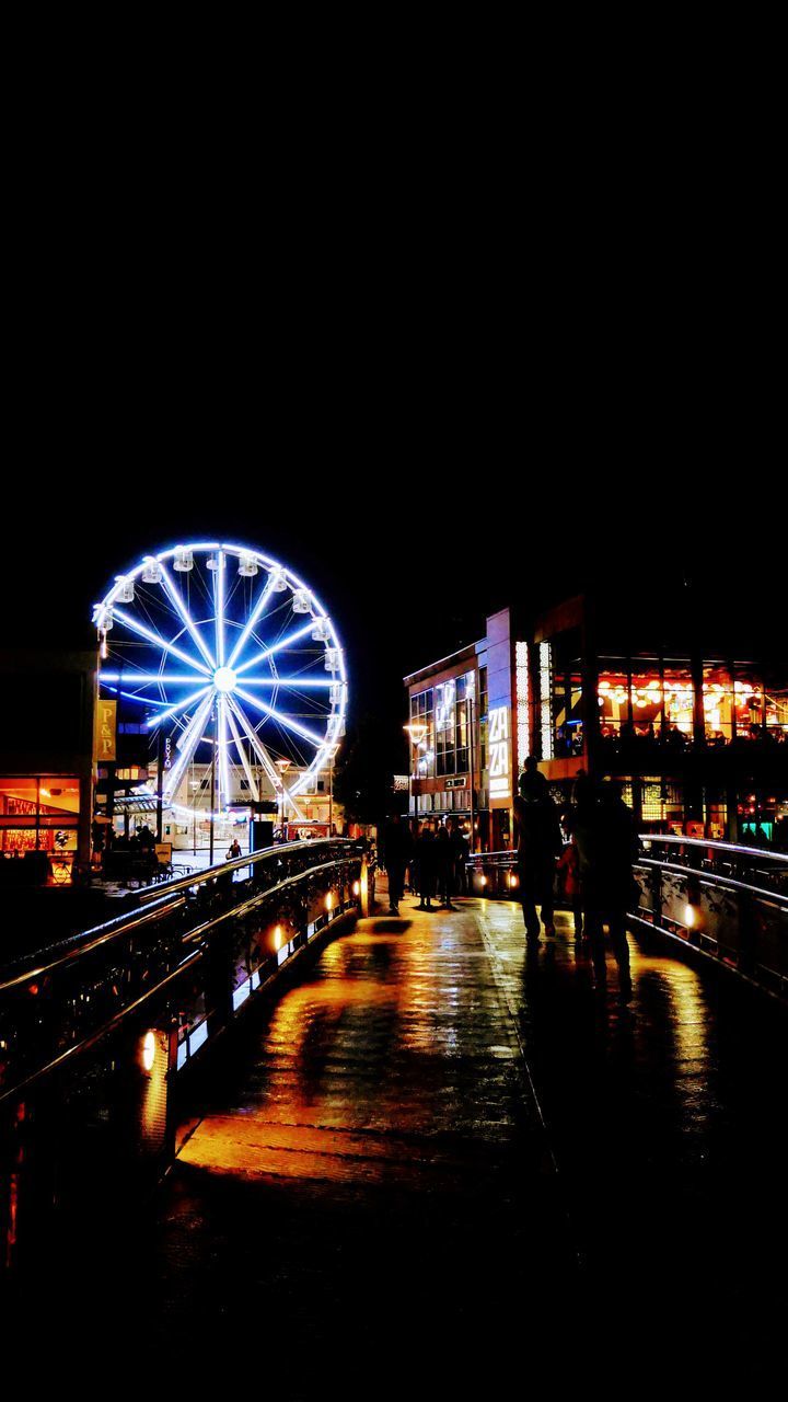 ILLUMINATED FERRIS WHEEL BY CITY AT NIGHT