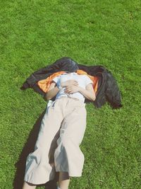 High angle view of boy on field