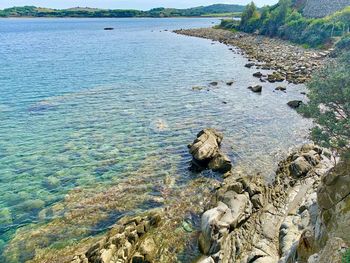 High angle view of rocks in sea against sky