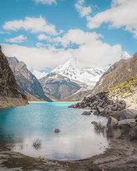 Scenic view of lake and snowcapped mountains against sky