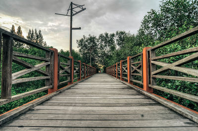 Narrow wooden footbridge along trees