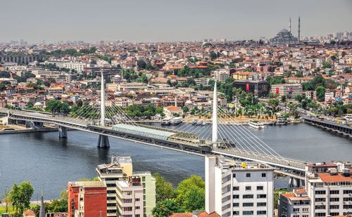 High angle view of bridge over river and buildings in city