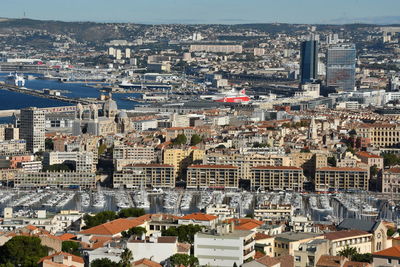 High angle view of townscape against sky