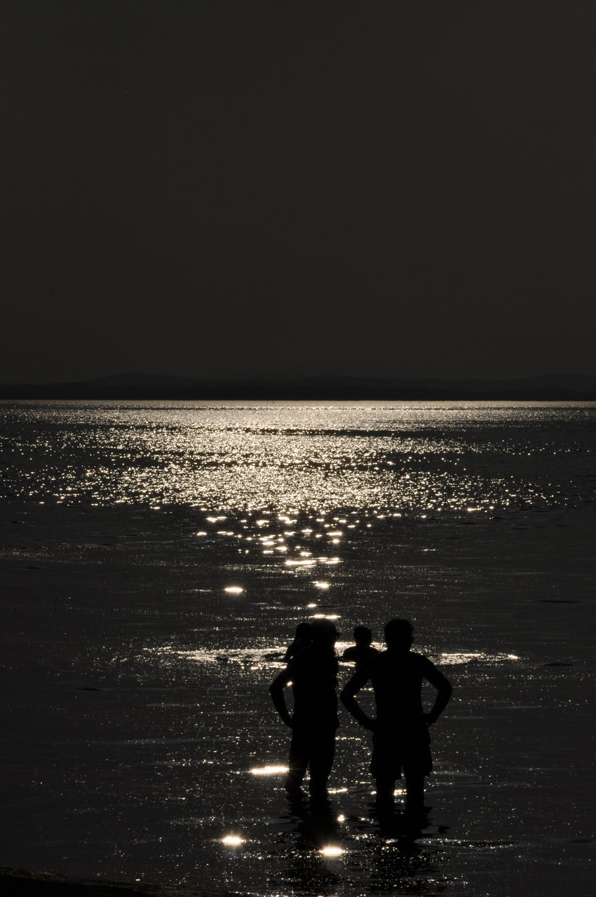 SILHOUETTE PEOPLE ON BEACH AGAINST CLEAR SKY AT SUNSET