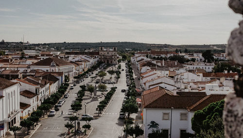 High angle shot of townscape against sky