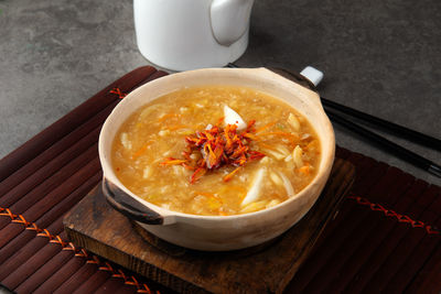 High angle view of soup in bowl on table