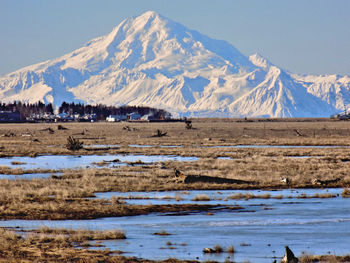 Scenic view of snowcapped mountains against sky