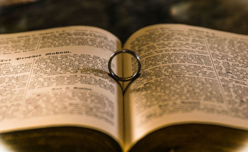 Close-up of heart shape on book