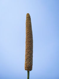 Low angle view of communications tower against clear blue sky