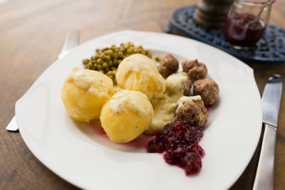 High angle view of food in plate on table