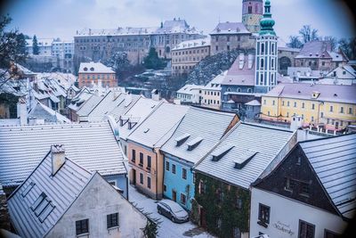 High angle view of buildings in town