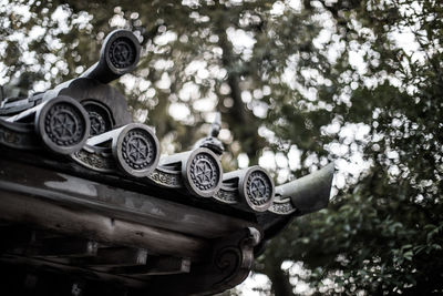Low angle view of cross against trees