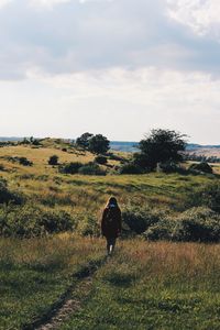 Rear view of man walking on field