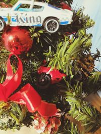 Close-up of christmas decorations on plant